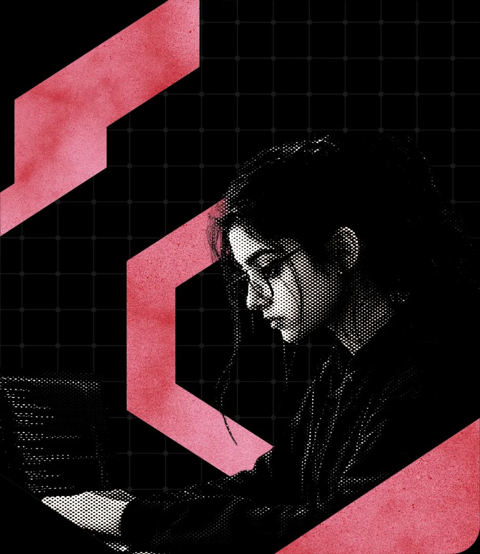 Halftone collage of a girl building at her laptop, framed by pink FGWB shapes